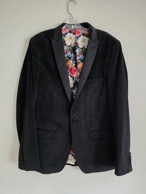 PAISLEY & GRAY | Men Black Velvet Floral Lining Slim Fit Blazer Jacket 40R
